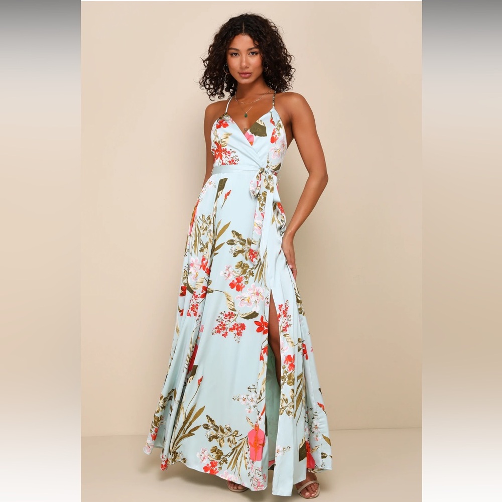 NWT Lulu’s “Still the One Sage Green Floral Print Satin Maxi Dress”